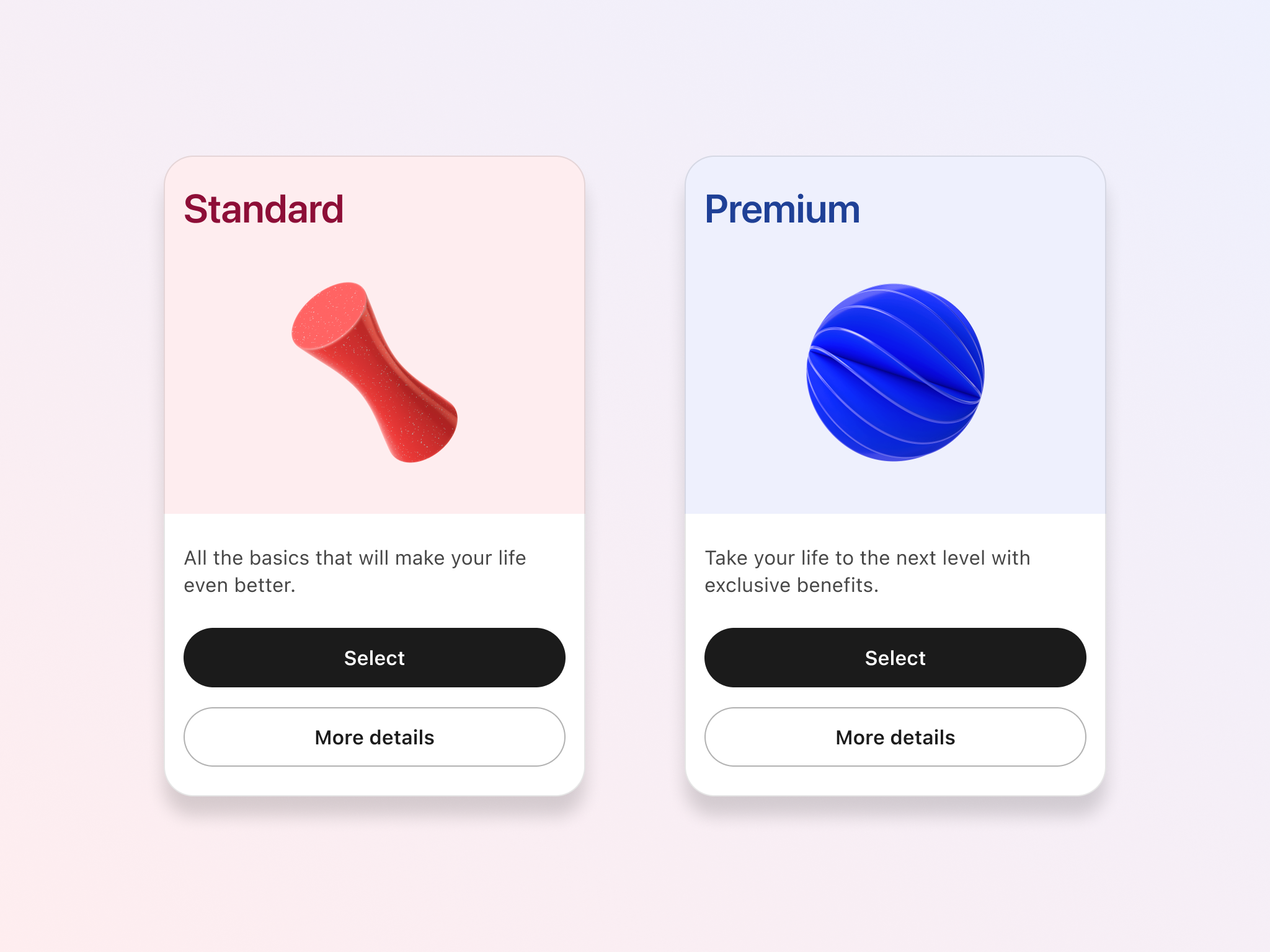 Two cards side by side, each one with two buttons at the footer with generic link texts.