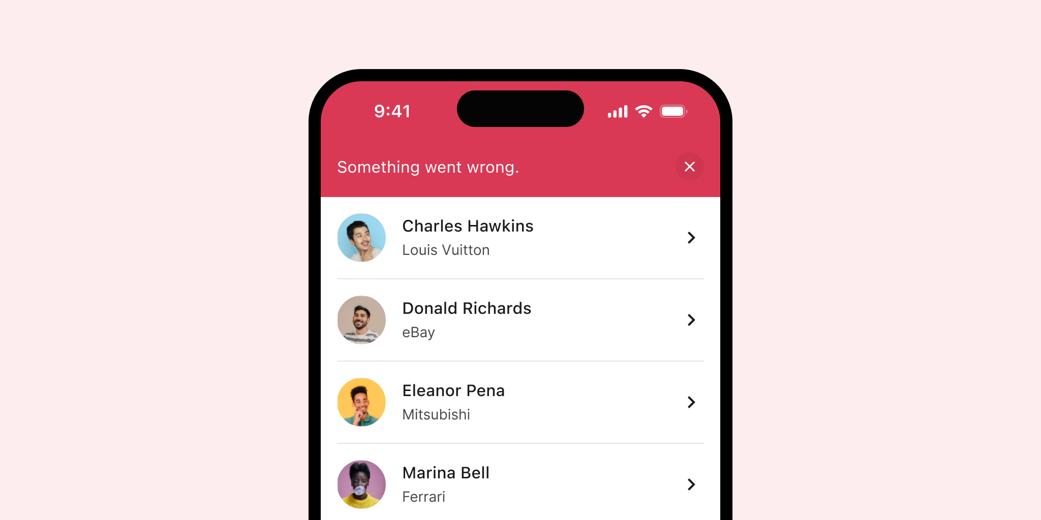A screen with a list and a red banner on top with a generic error message.