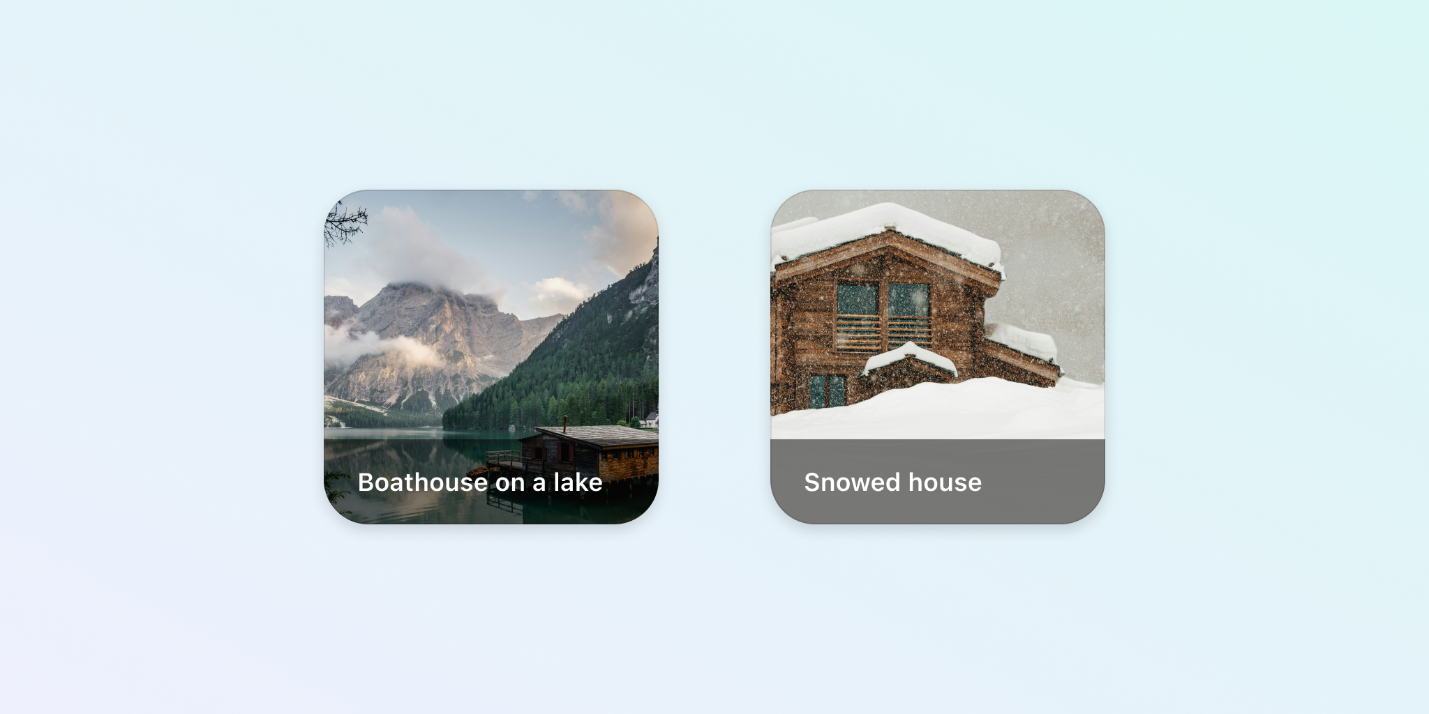 Two small card components showing a picture on the background. The text is now visible because there's a semi-transparent layer.
