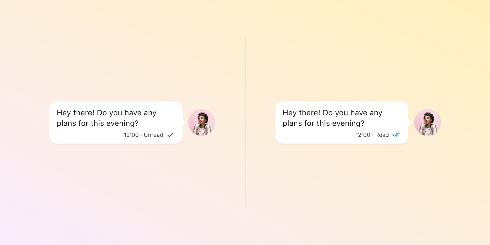 Left and right, two chat bubbles components show a more visual change on read messages.