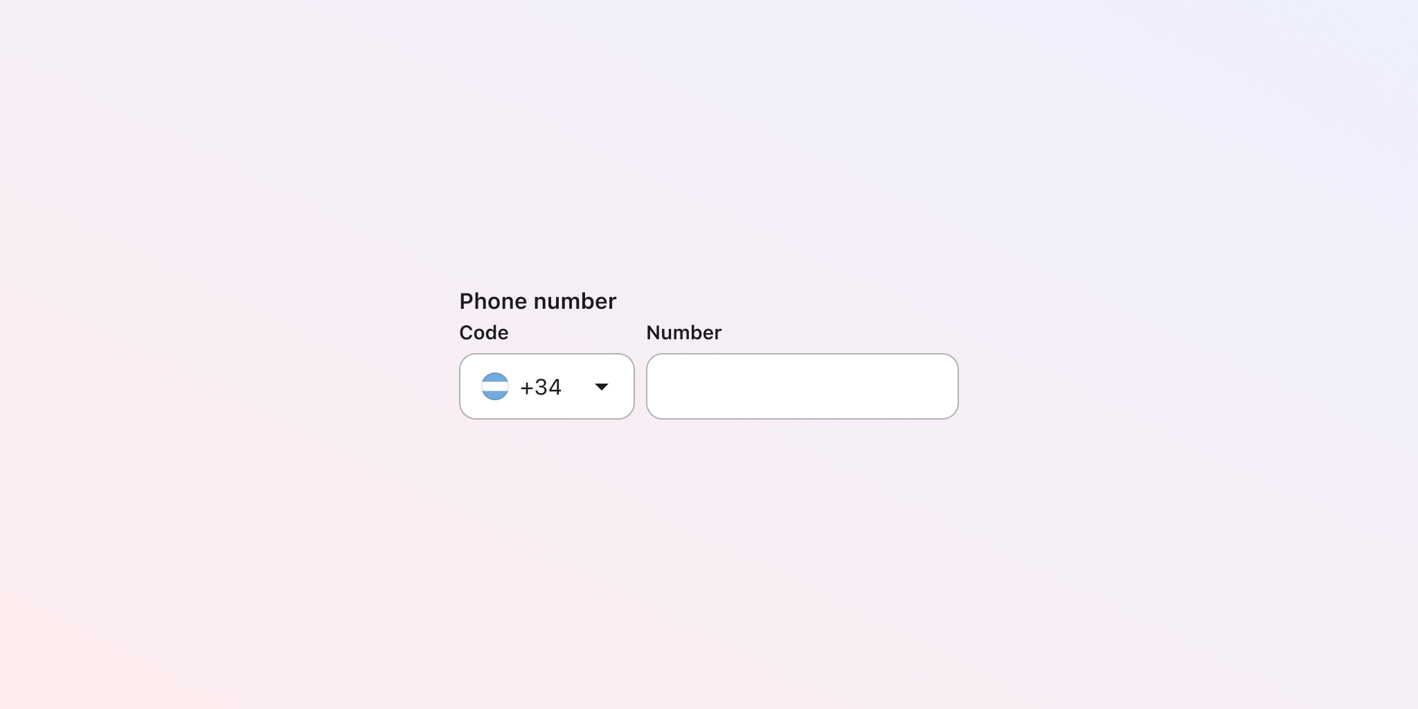 A text input for phone number divided into code and number fields, appropriately labelled.