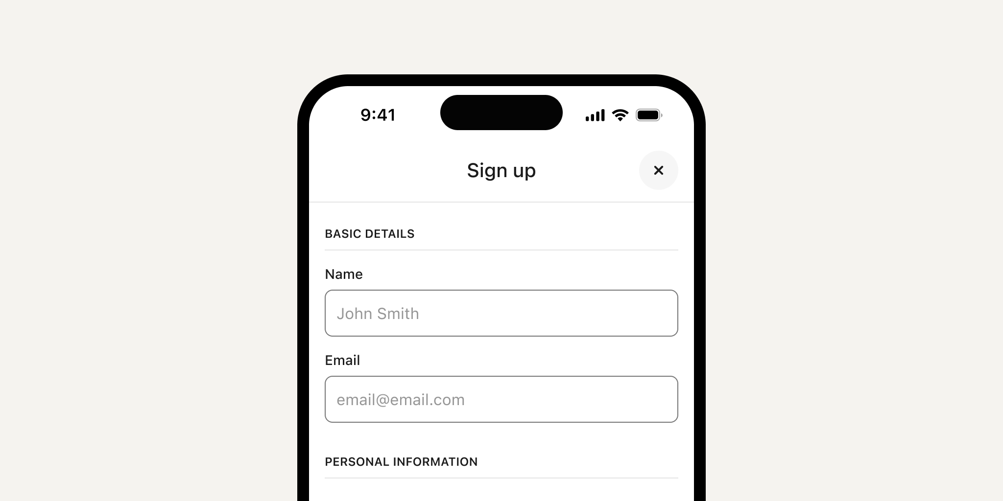 A mobile phone showing a short form where placeholders are hard to read in name and email fields.